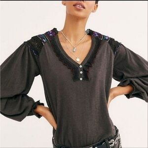 Free People Siesta Fiesta 
Elegant Black Lace Trim Women's Top